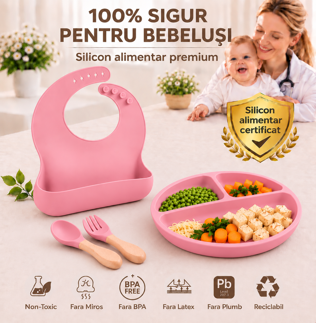 Set Diversificare Bebeluși 8 Piese - Roz pudrat