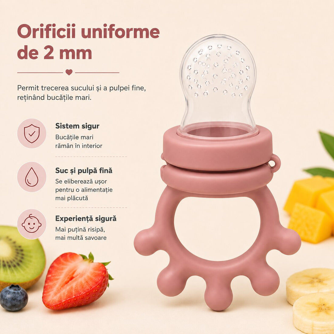 Suzeta fructe ZUKO Roz - orificii uniforme 2mm