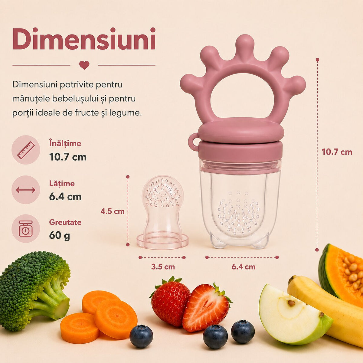 Suzeta fructe ZUKO Roz - dimensiuni