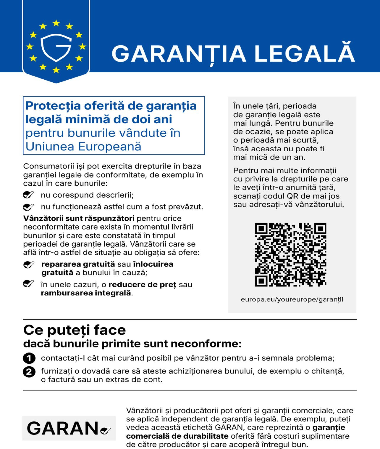 Garanția legală: notificarea armonizată a Uniunii Europene privind garanția legală de conformitate (protecție minimă de doi ani pentru bunurile vândute în Uniunea Europeană)